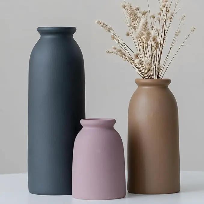Ceramic Vase Set-3, Small Flower Vases for Decor, Modern Boho Farmhouse Style, Decorative Vases for Pampas Grass & Dried Flowers, Distressed Finish (Light Coffee) by GreenHaven Gardens