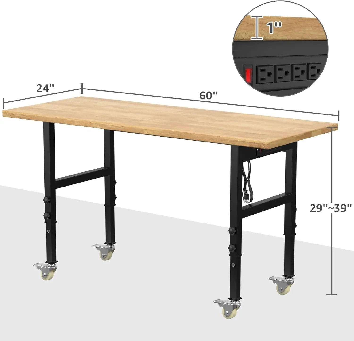 60" Adjustable Workbench,Heavy-Duty Work Table,3000 LBS Load Capacity Hardwood Workstation Outlets with Power Strips and Wheels,for Workshop, Garage by GreenHaven Gardens