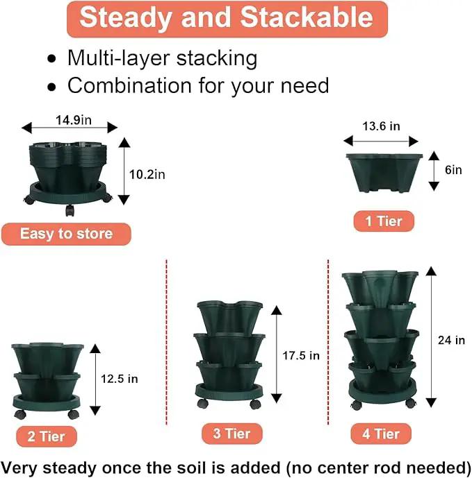 Vertical Planter 4 Tier Stackable Planters Garden Planters Strawberry Herb Flower and Vegetable Planter Indoor Outdoor Gardening Pots with Removable Wheels and Tools by GreenHaven Gardens