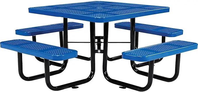 Global Industrial 46" Square Picnic Table, Perforated Metal, Blue Thermoplastic Coating, Attached Benches, 1-1/2” Umbrella Pole Hole, Outdoor-Rated, 1200 lb Capacity by GreenHaven Gardens