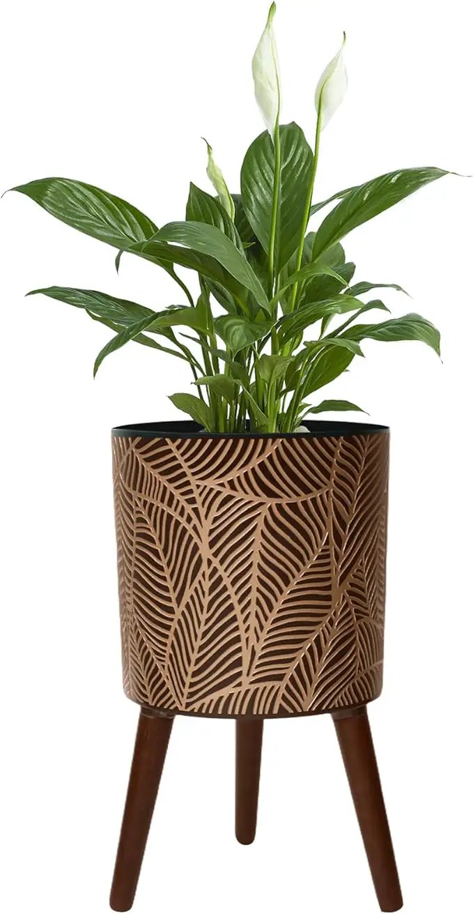 12inch Black Plant Pots for Indoor Plants Large Boho Flower Pot with Stand Modern Planters with Gold Floral Embossed Standing Planter with Drainage for Living Room, Office, Garden or Balcony by GreenHaven Gardens