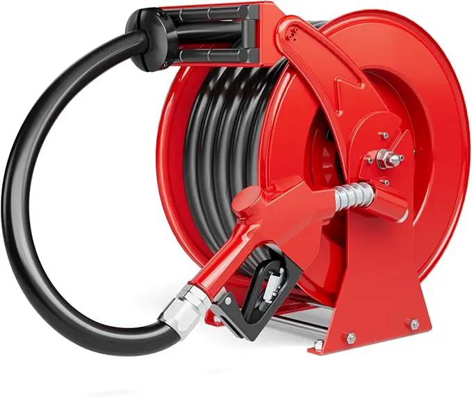 Retractable Diesel Fuel Hose Reel - 1 inch x 33ft Spring Driven Auto Swivel Rewind Hose Holder Reel with Fueling Nozzle, 300 PSI Industrial Steel for Aircraft Ship Vehicle Tank Truck, Red by GreenHaven Gardens