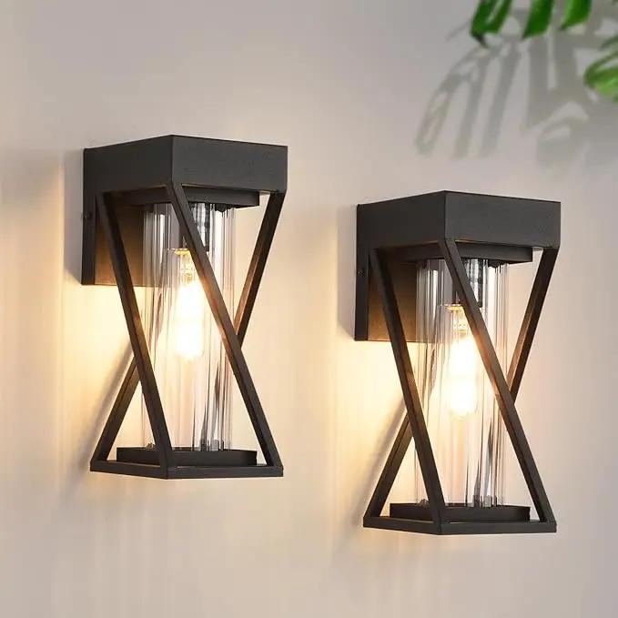 Outdoor Wall Lights Set of 2, Exterior Sconce Lighting Fixtures, Black Outdoor Porch Lights, Outdoor Wall Lantern with Clear Stripe Glass for Patio, Garage by GreenHaven Gardens