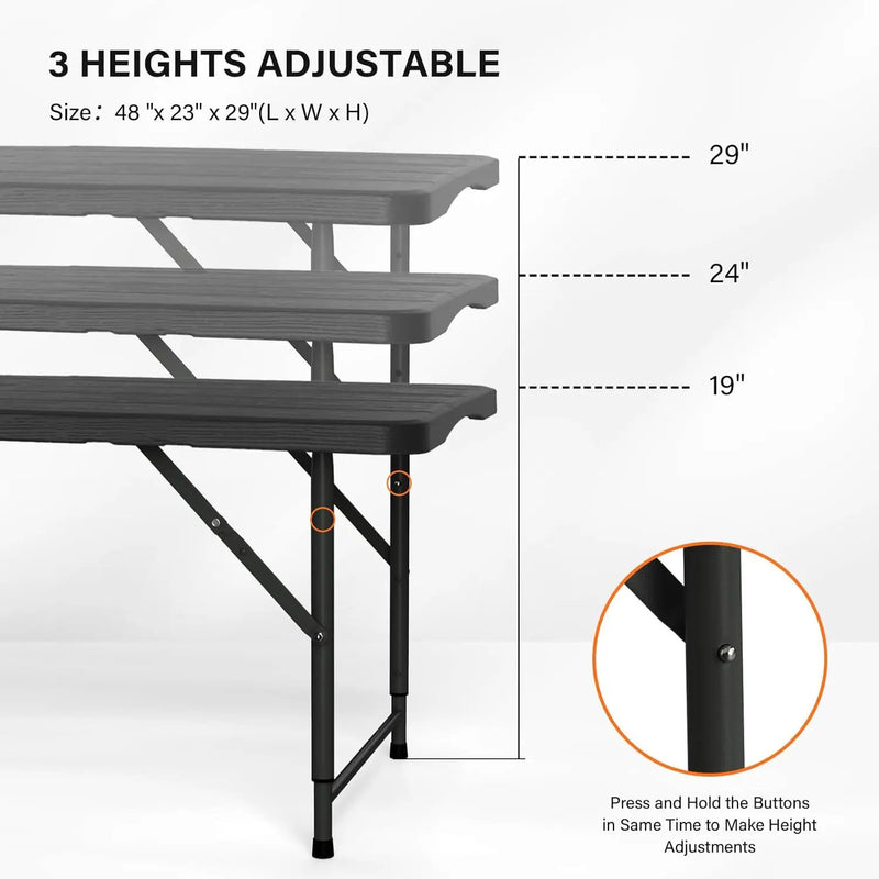 VINGLI 4 FT Plastic Folding Camping Table,3-Level Adjustable Height, Portable in/Outdoor Party Picnic Dining Desk,Off-White Garden Soccer Multipurpose Entertaining Activities, Black by GreenHaven Gardens