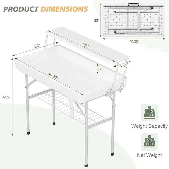 Outdoor Ice Cooler Folding Table with Extra Storage Shelf,Ice Tables for Parties with Drain,Cooler Server for Camping, Picnic, Wedding, BBQ, White by GreenHaven Gardens