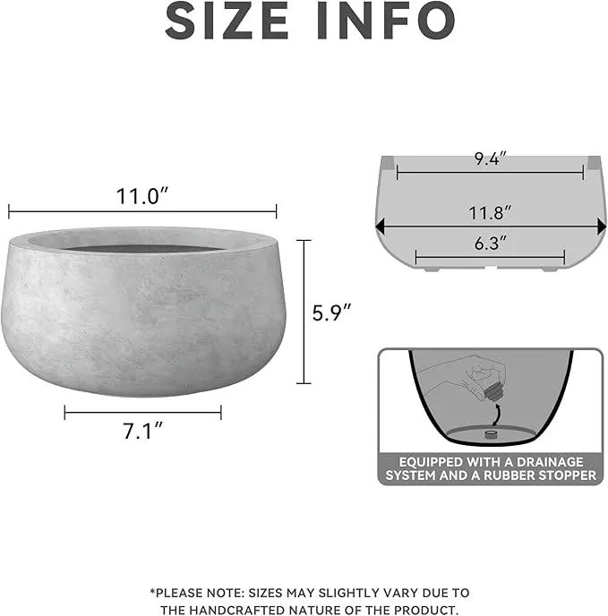 Kante 11.8" Dia Round Concrete Planter, Cement Plant Pots with Drainage Hole and Rubber Plug for Outdoor Indoor Garden Home, Modern Curvaceous Design, Natural Concrete by GreenHaven Gardens