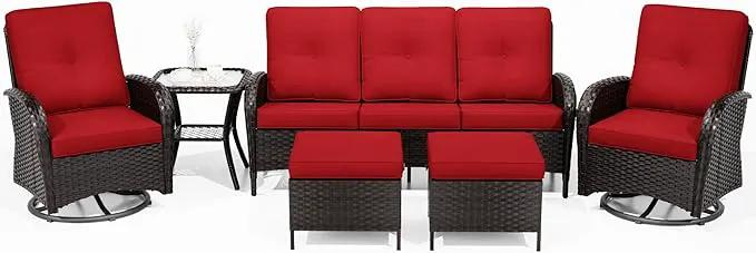 Joyside 6 Piece Patio Furniture Set, Outdoor Wicker Conversation Sets with Swivel Rocker Chairs and Sofa, Thick Cushion, Rattan Patio Sectional for Porch, Deck Use (Brown/Red, 6 PCS) by GreenHaven Gardens