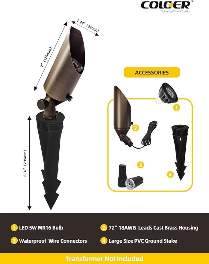 COLOER Die-cast Brass Landscape Spot Lights Outdoor with 5W Aluminum Housing LED MR16 Bulb 2700K 450LM, 12V AC/DC Low Voltage LED Landscape Lighting, Outdoor Directional Up Light(103B, 1-Pack) by GreenHaven Gardens