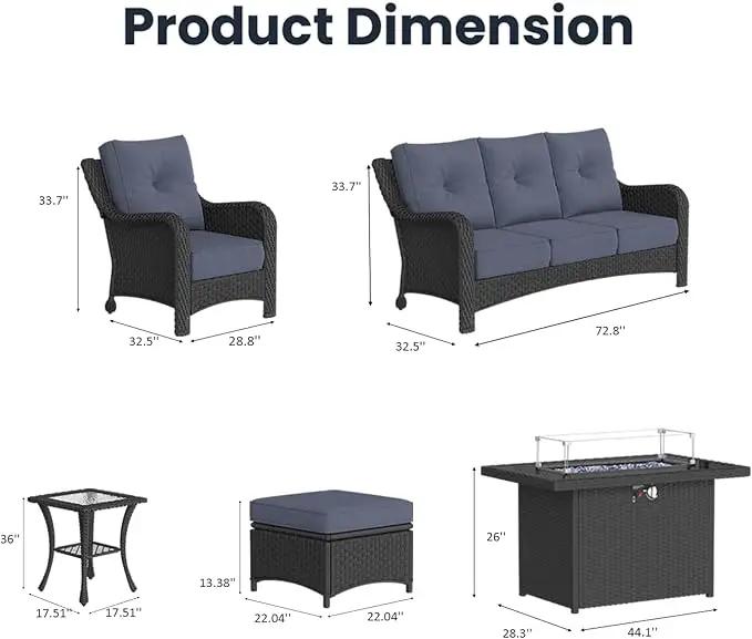 7 Pieces Outdoor Patio Furniture Sets with Single Chairs with 6-inch Thick Cushion and Fire Pit Table for Deck Lawn by GreenHaven Gardens