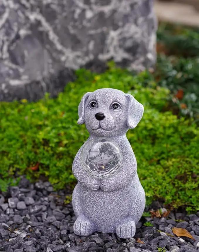 Solar Dog Garden Statues - 8.4 "Dog Decor with Gazing Ball Solar LED Lights, Unique Gifts for Mom Grandma Birthdays, Outdoor Decor for Outside Lawn Porch Patio (Gray) by GreenHaven Gardens