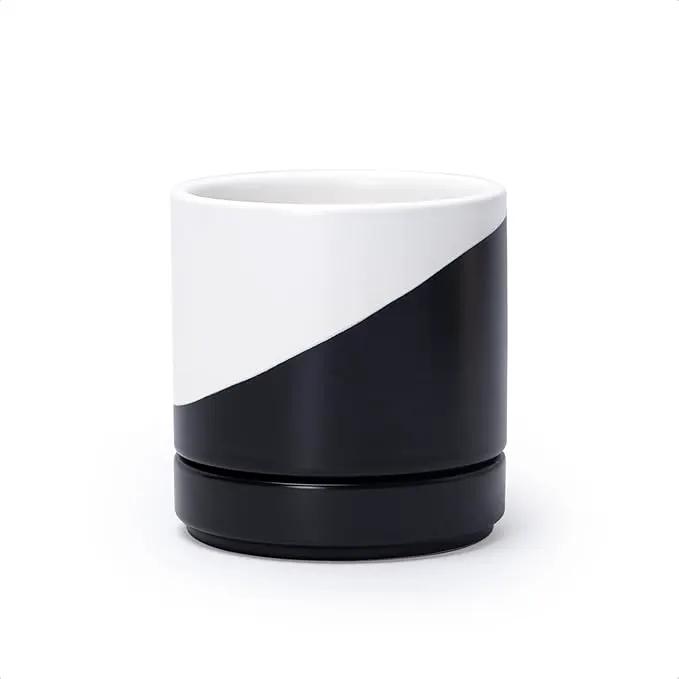 D'vine Dev 4.6 Inch Ceramic Planter Pot with Drainage Hole and Saucer, Indoor Cylinder Round Planter Pot, Oblique Monochrome Black and White, 94-O-B-K by GreenHaven Gardens
