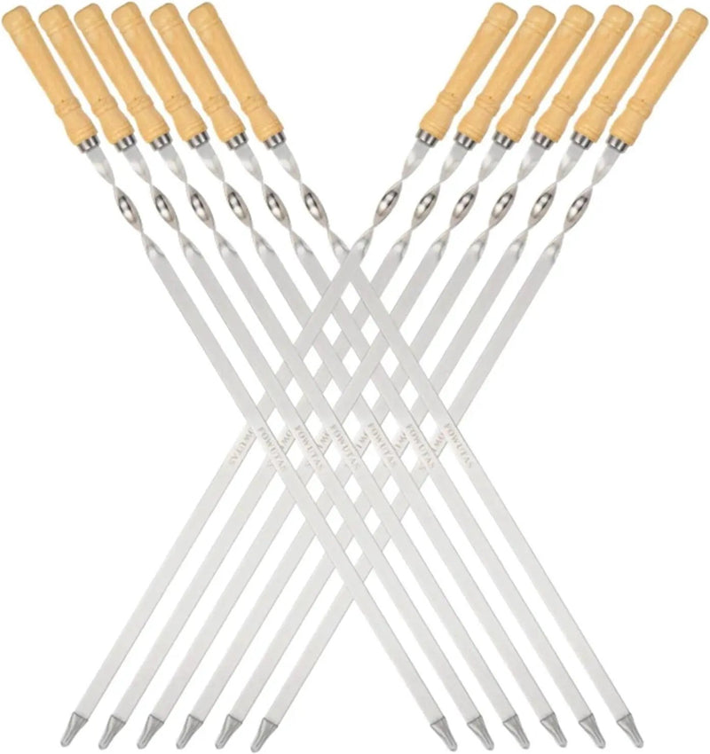 Large Size Kabob Skewers Flat Metal BBQ 22" Barbecue Skewer Wooden Handle Stainless Steel Shish Kabob Stick Wide Reusable Grilling Set Meat Shrimp Chicken Vegetable Kebab Fork Sausage-12PCS by GreenHaven Gardens