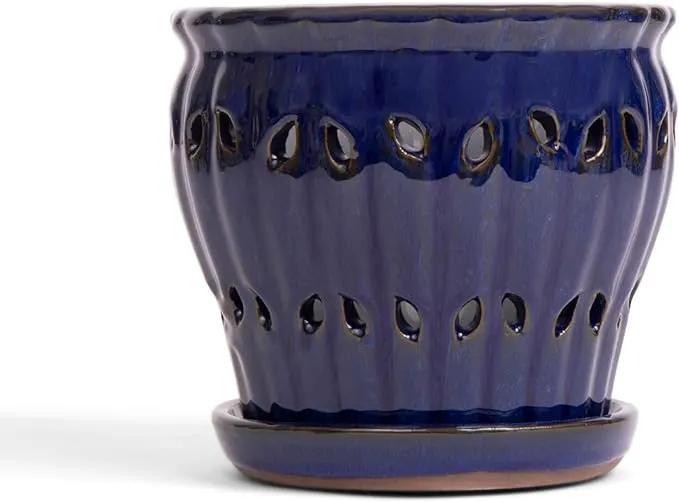 rePotme 6" Pinwheel Fluted Ceramic Plant Pot (Midnight Blue) - Great for Orchids, All Indoor Plants - Includes Matching 6 inch Slotted Pot Liner by GreenHaven Gardens