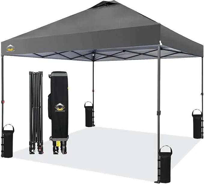 CROWN SHADES 10x10 Pop Up Canopy Tent - Patented Center Lock One Push Instant Outdoor Canopy Beach Tent with STO-N-Go Bag 8 Stakes & 4 Sand Bags，Grid Grey by GreenHaven Gardens