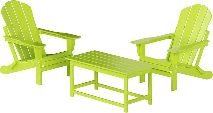 WO Home Furniture Adirondack Chairs Table Set of 3 PCS Outdoor Folding Chairs Coffee Table Weather/UV Resistant for Lawn, Garden, Bon Fire, Balcony (Lime) by GreenHaven Gardens