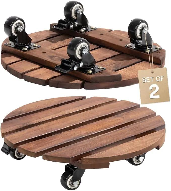 Idzo 2-Pack 14 Inch Acacia Wood Plant Caddy with Wheels – Heavy-Duty Plant Dolly with 264 Lbs Capacity, 360° Lockable Wheels for Large Plant Pots, Heavy Objects, Ideal for Indoor and Outdoor Use by GreenHaven Gardens