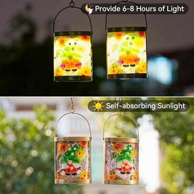 Starsoul 2 Pack Hanging Solar Lantern Outdoor Waterproof Glass Gnome and Sunflowers Decorative Solar Lights for Outside Garden Yard Table Patio Decor by GreenHaven Gardens