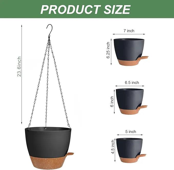 3 Pack Hanging Planter Indoor Outdoor Flower Pots 7/6.5/5 Inch, Self-Watering Hanging Pot with Drainage Holes Hanging Baskets Holder Plant Pots for Garden (Black) by GreenHaven Gardens