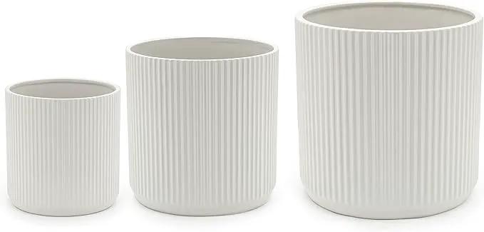 Amazon Basics Assorted Sizes Fluted Ceramic Round Indoor Outdoor Planters with Drainage, Set of 3, Modern Design, 6-Inch, 8-Inch, 10-Inch, White by GreenHaven Gardens