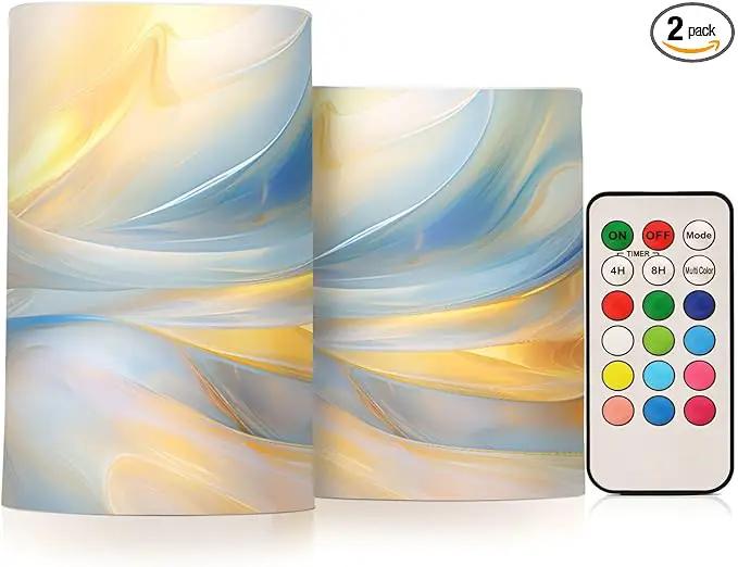 Flickering Flameless Candles, Blue Gold Marble LED Candles with Remote Timer, Set of 2 Battery Operated Candle for Valentine Wedding Birthday by GreenHaven Gardens