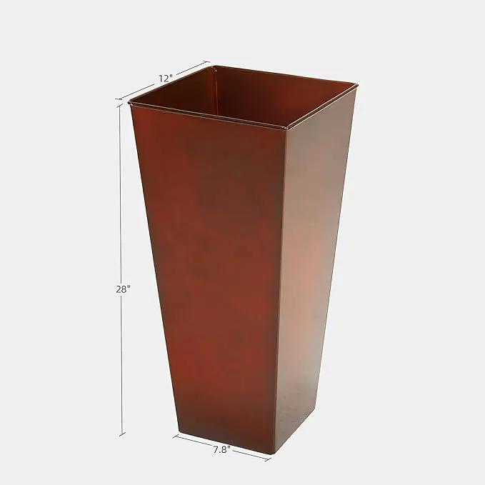 KOL 28''H. Tall Galvanized Steel Glazed Planter with Saucer, Set of 2, Planter Pots with Insert for Indoor & Outdoor Use, Decorative Flower Plant Pots for Front Porch, Patio, Deck - Reddish Brown by GreenHaven Gardens