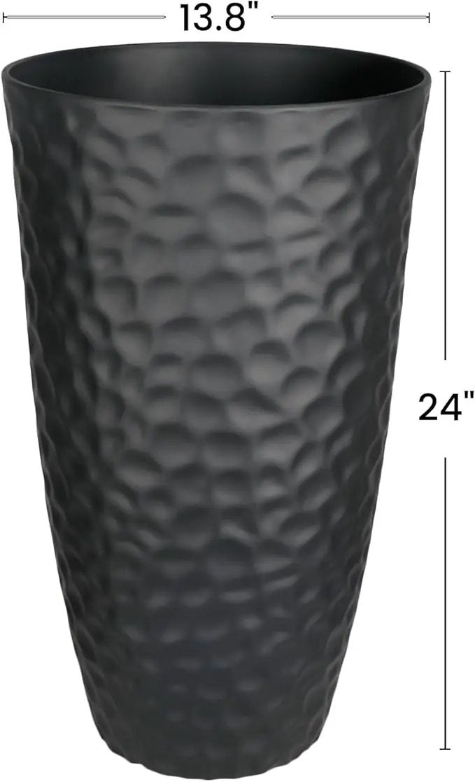 Worth Garden 24" H Tall Hammered Texture Planters Set of 2 - Matte Black Plastic Flower Pot with Drainage Holes, Modern Outdoor Indoor Lightweight Pots for Large Plants, Durable Decor Containers by GreenHaven Gardens