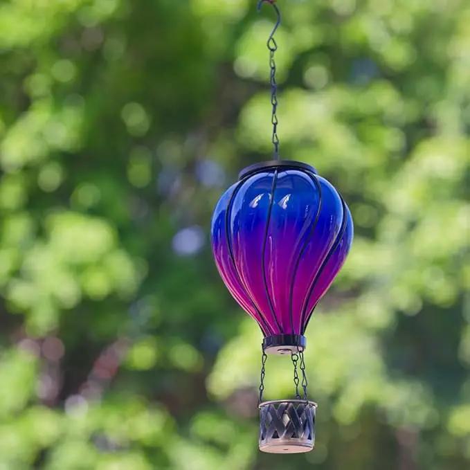 Starsoul Glass Hot Air Balloon Solar Lantern with Flickering Flame Light Blue & Purple Solar Powered Hot Air Balloon Lamp Waterproof Hanging Solar Lantern for Garden Yard Patio Porch Decor by GreenHaven Gardens