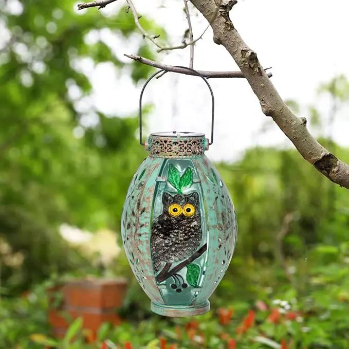 Starsoul Owl Outdoor Solar Lantern Waterproof Metal & Stained Glass Owl Lamp Lights for Yard Patio Garden Tabletop Pathway Decor Gifts for Woman by GreenHaven Gardens