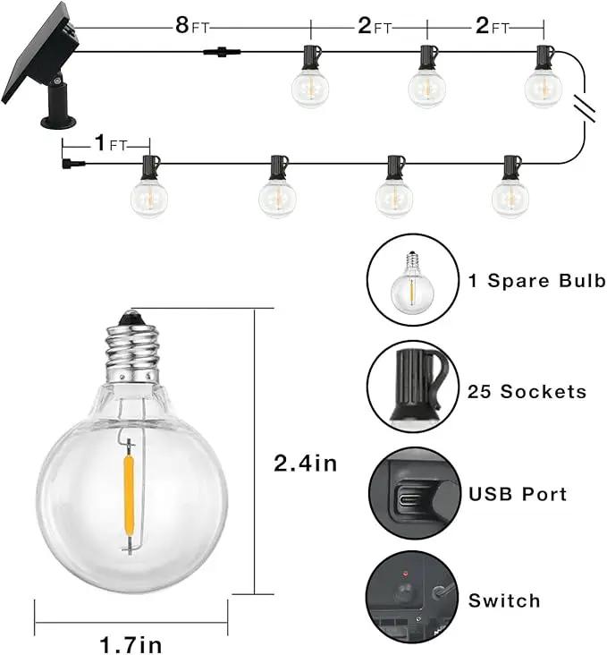 DAYBETTER 50FT Solar String Lights Outdoor Waterproof with 5W Panel Long Last for 20+Hrs&Remote,25 LED Bulbs Dimmable&Timer,Patio Lights 3 Installation-Clips,Stakes&Nails for Outside Porch Garden by GreenHaven Gardens
