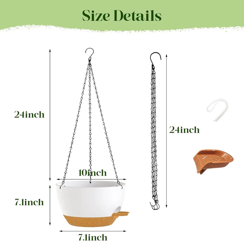 10 Inch Hanging Planters with Chains 2 Pack Self Watering White Brown Plastic Hanging Pots for Indoor Outdoor Plants, Garden Porch Home Decor (White Brown) by GreenHaven Gardens
