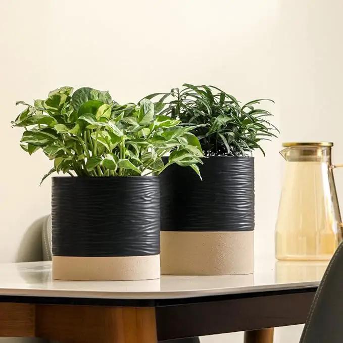 Nihow Ceramic Plant Pot: 6 Inch Planter with Drainage Hole & Saucer for Indoor & Outdoor Plants - Cylinder Round Flower Pot for Succulent/Herbs/Violets - Black & Brown by GreenHaven Gardens