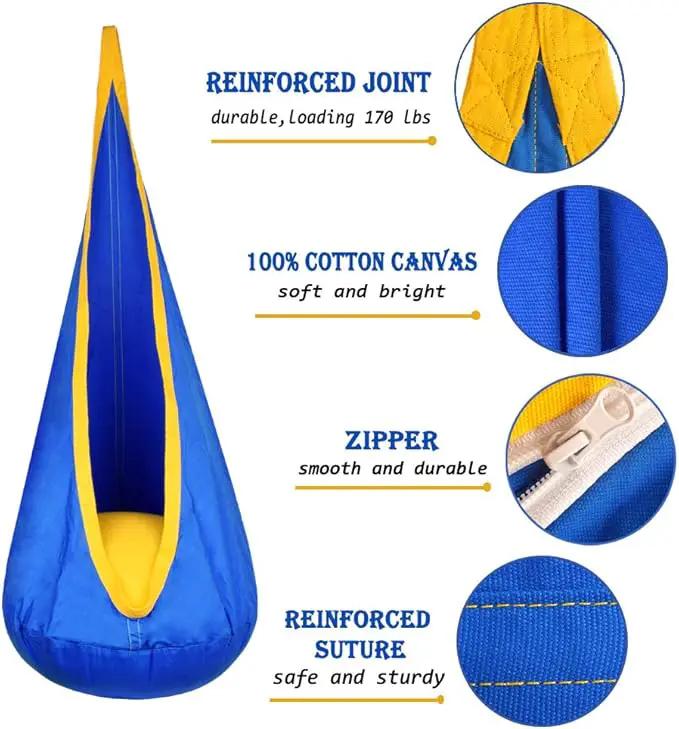 Kids Pod Swing Hanging Seat Child Hammock Chair Indoor and Outdoor Sensory Swing 100% Cotton Loading Capacity 170 lbs (Blue) by GreenHaven Gardens