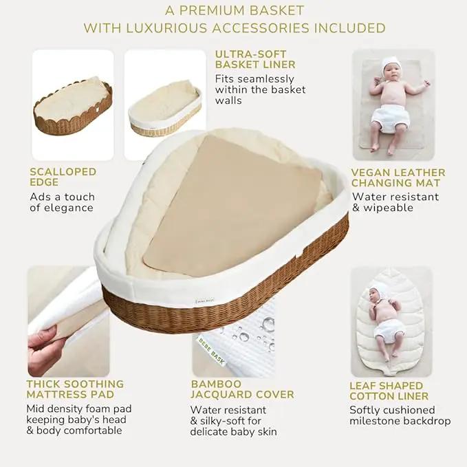 BEBE BASK Premium Baby Changing Basket - Artisan-Crafted Scalloped Rattan - Changing Basket for Baby Dresser - All Accessories Included - Complete Set for Nursery (Mocca)