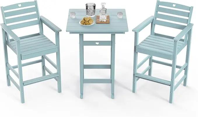 3-Piece Bar Height Outdoor Table and Chairs Set, HDPE Wood Grain Patio Bar Table and Chairs with Heart Cutout Design, Weather-Resistant Bar Height Furniture for Deck, Porch, Pool (Light Blue) by GreenHaven Gardens