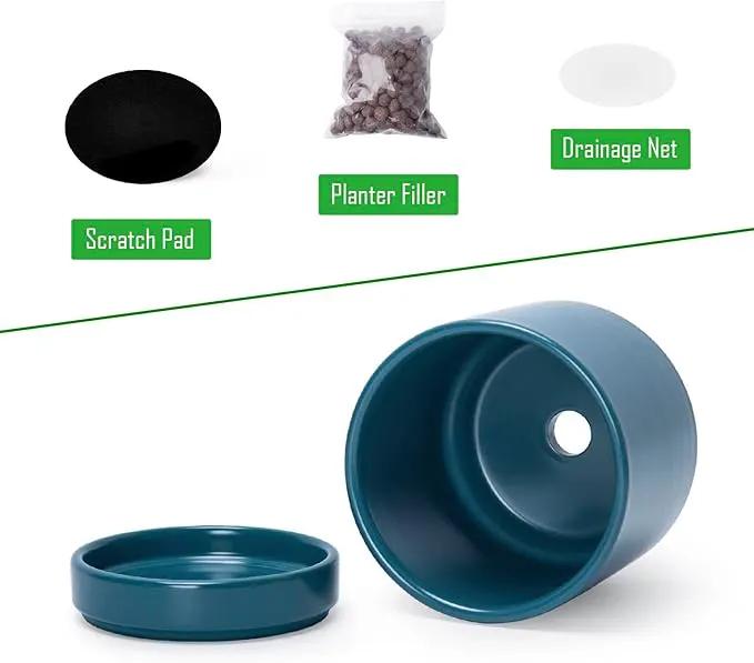 D'vine Dev Set of 2 Plants Pots, 3.5 Inch Ceramic Planter Pot for Plants with Drainage Hole and Saucer, Teal, 94-V-A-9 by GreenHaven Gardens
