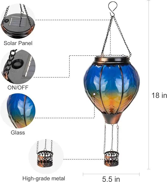 pearlstar Hot Air Balloon Solar Lantern with Flickering Flame Light, Outdoor Solar Hanging Lights Waterproof for Garden Yard Patio Farmhouse Decoration,Stained Glass Blue by GreenHaven Gardens