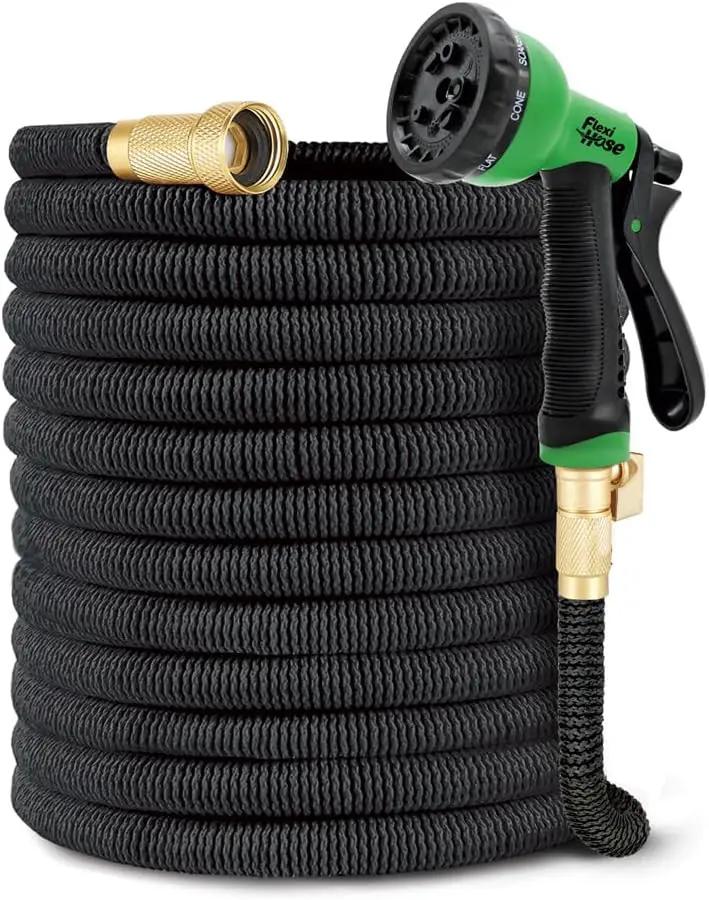 Flexi Hose PLUS with 8 Function Nozzle Expandable Garden Hose, Lightweight & No-Kink Flexible Garden Hose, 3/4 inch Solid Brass Fittings and Double Latex Core, 150 ft Black by GreenHaven Gardens