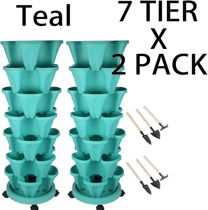 Vertical Planter 7 Tier Stackable Planters Garden Planters Strawberry Herb Flower and Vegetable Planter Indoor Outdoor Gardening Pots with Removable Wheels and Tools by GreenHaven Gardens