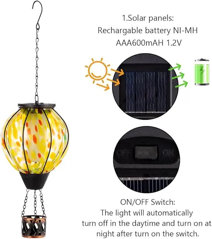2PCS Hot Air Balloon Solar Lanterns with Flickering Flame,Yellow Glass Hanging Solar Lanterns Outdoor Waterproof Hot Air Balloon Light for Patio Tree Yard Garden Decor,Garden Gift for Women by GreenHaven Gardens