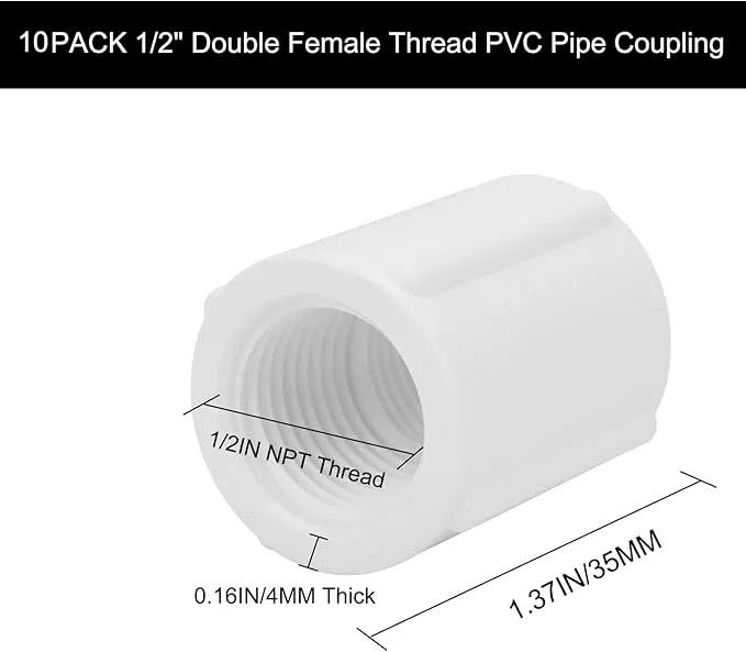 10Pack 1/2" Double Female Thread PVC Pipe Coupling Adapter Pipe Fitting Connector SCH40 1/2Inch Female to Female Threaded PVC Coupling Pipe Fitting for Sprinkler,Irrigation,Swimming Pools by GreenHaven Gardens