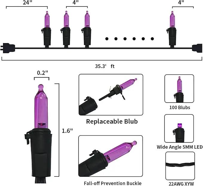 Purple Halloween LED Lights - 2 Pack 100 Count Purple Christmas String Lights for Tree, Party, Holiday, Indoor/Outdoor Halloween Decorations, 2 Sets 33 Feet Black Wire, UL Certified, Connectable by GreenHaven Gardens