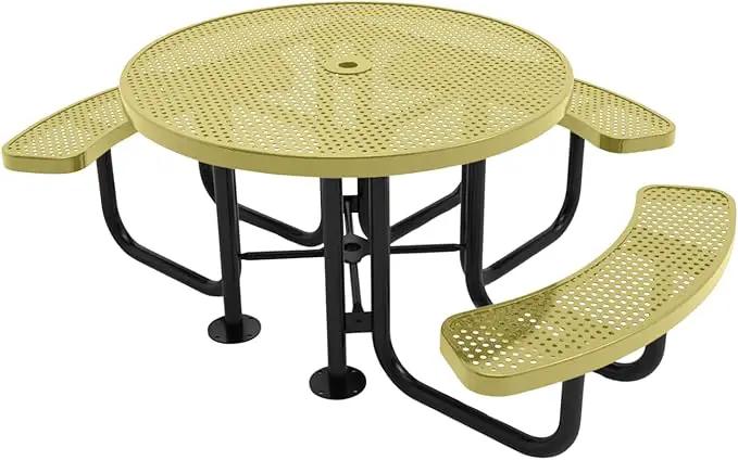 Heavy-Duty Portable Outdoor Picnic Table with Umbrella Hole, Punched Steel Patio Dining Furniture Made in America (46" Round Top, Textured Sandstone) by GreenHaven Gardens