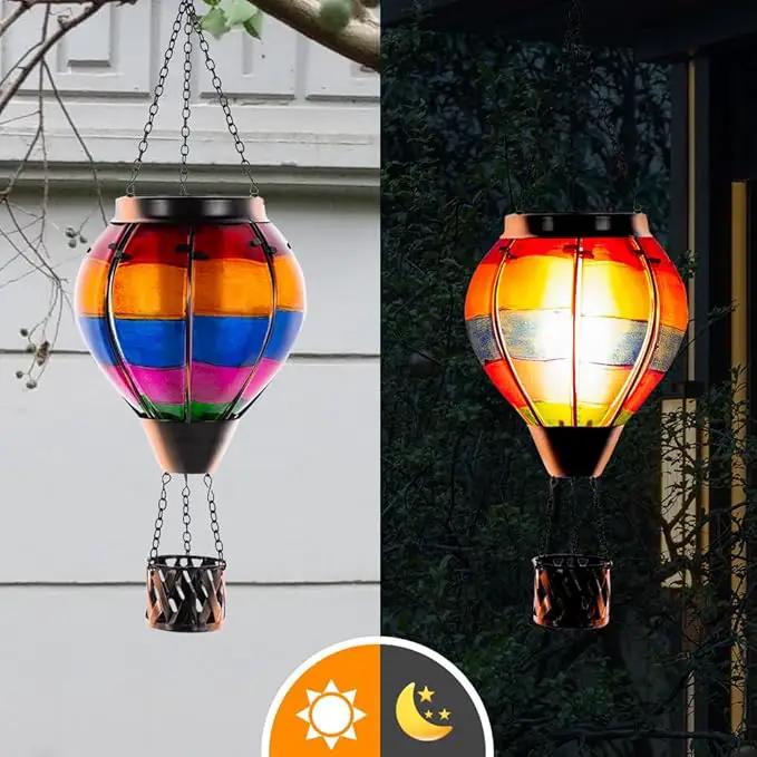 Unique Hot Air Balloon Solar Lantern with Flickering Flame, Handmade Glass Hanging Outdoor Lantern Waterproof Lantern Lamp for Patio, Garden, Porch by GreenHaven Gardens