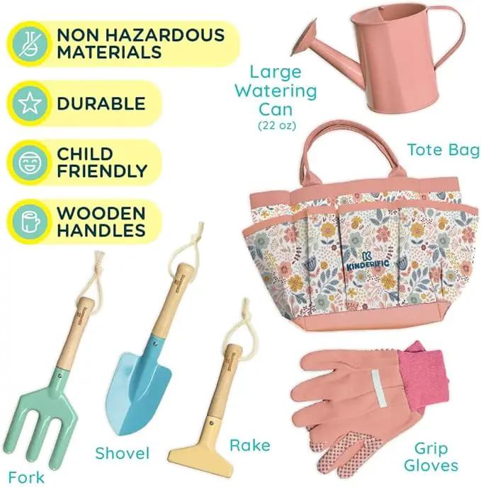 Gardening Set, Tool Kit, for Kids, STEM, Includes Tote Bag, Spade, Watering Can, Rake, Fork, Trowel and Gloves (Petal) by GreenHaven Gardens