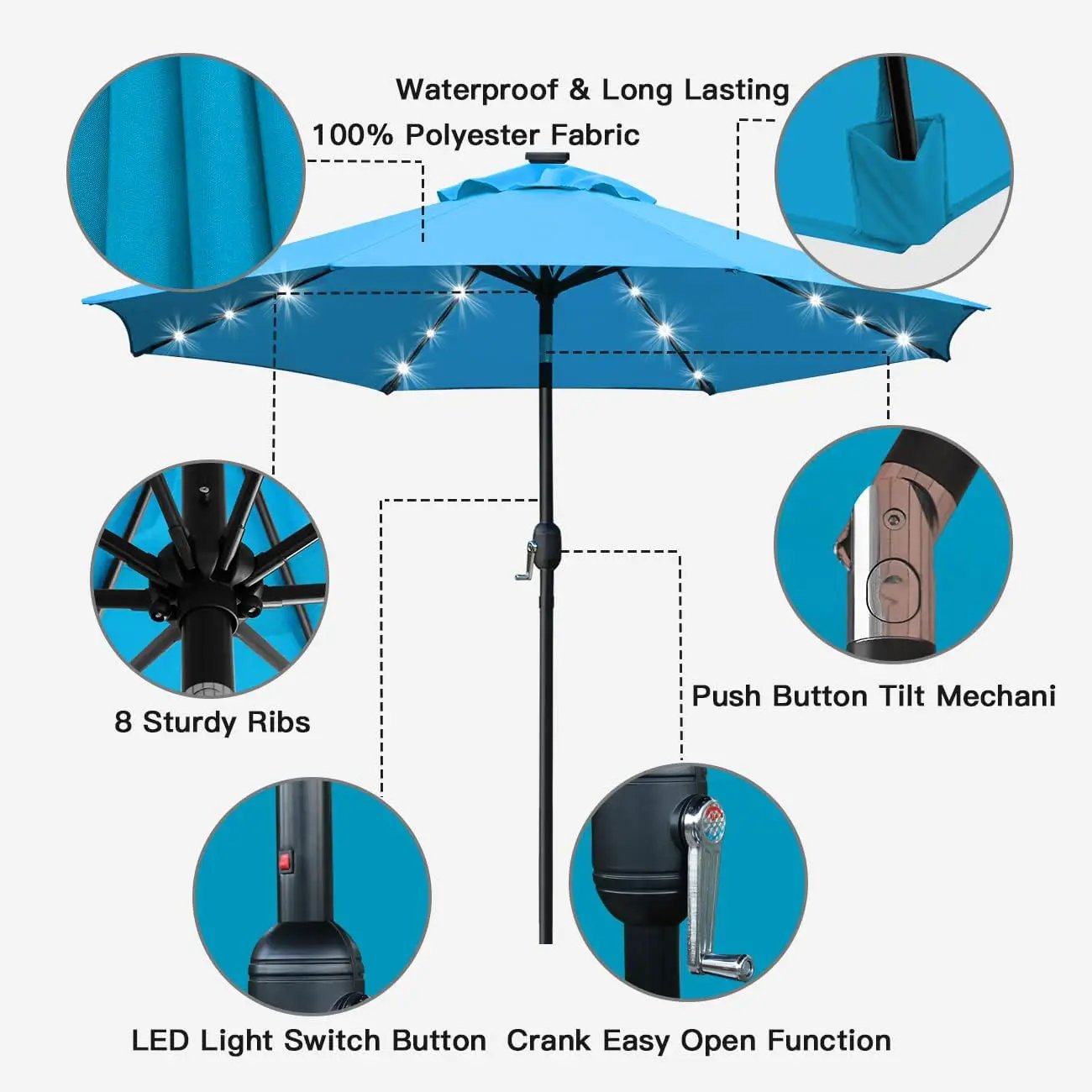Sunnyglade 9' Solar LED Lighted Umbrella with 8 Ribs Adjustment and Crank Lift System for Patio(Blue) by GreenHaven Gardens