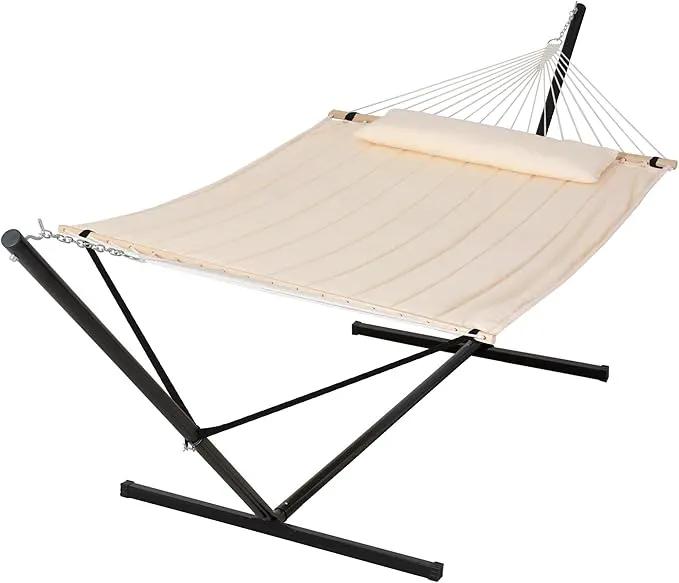 SUNCREAT Double Outdoor Hammock with 15 ft Stand, Standing Patio Hammocks for Outside, Beige by GreenHaven Gardens