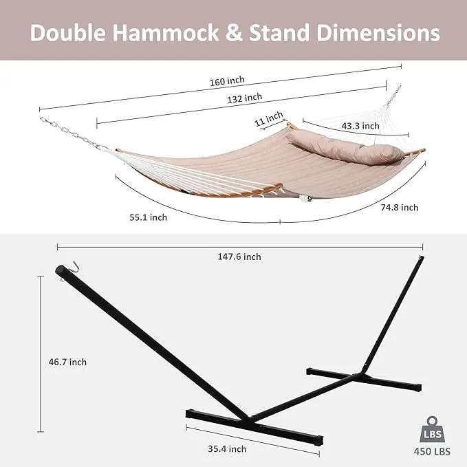 SUNCREAT 55 Inch Large Double Hammock with Stand, 450lbs Capacity, Outdoor Portable Hammock with Curved Spreader Bar, Extra Large Pillow, Tan by GreenHaven Gardens