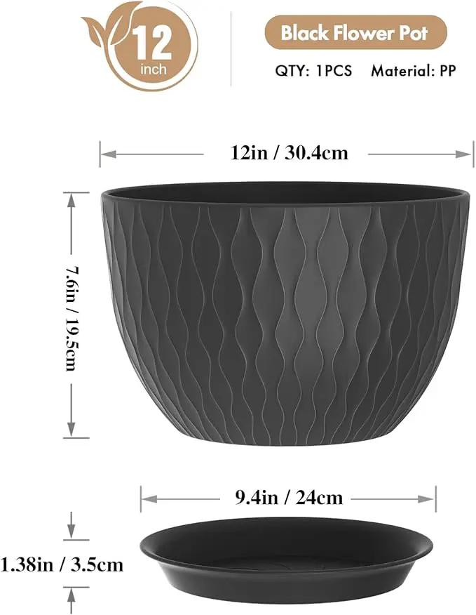 12 Inch Large Plant Pots for Indoor or Outdoor Plants, Wide Water Ripples Flower Pots with Drainage Holes & Saucer, Plastic Planters Set for Garden & Home Decor (Black) by GreenHaven Gardens