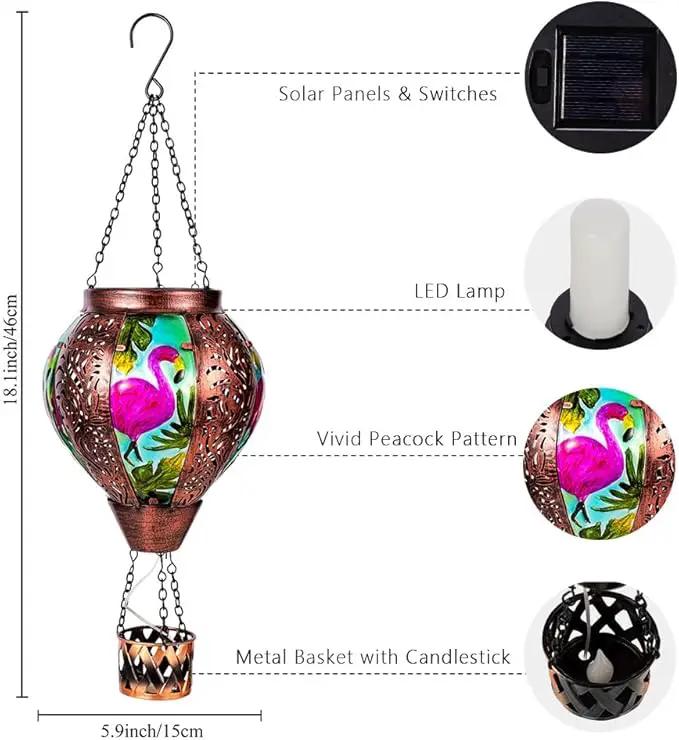 Flamingo Hot Air Balloon Solar Lanterns Outdoor Waterproof,Metal Garden Decor Solar Hot Air Balloon Lantern with Flame Flickering Lights for Patio,Porch,Yard Decor Mother Day Gifts for Women by GreenHaven Gardens