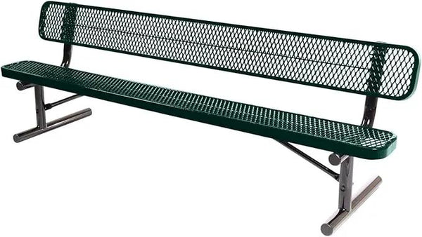 Heavy-Duty Portable Outdoor Bench Thermoplastic Coated, Expanded Metal, Commercial-Grade Seating, Made in America (Portable with Back, 8 Ft, Dark Green)